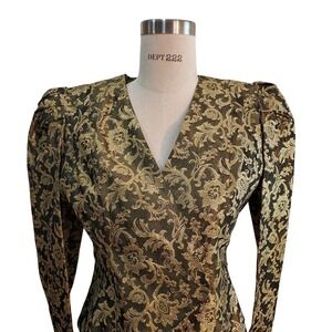 Vintage Metallic Gold Floral Brocade Party Top Puff Sleeve V‎ Neck Blouse Size S